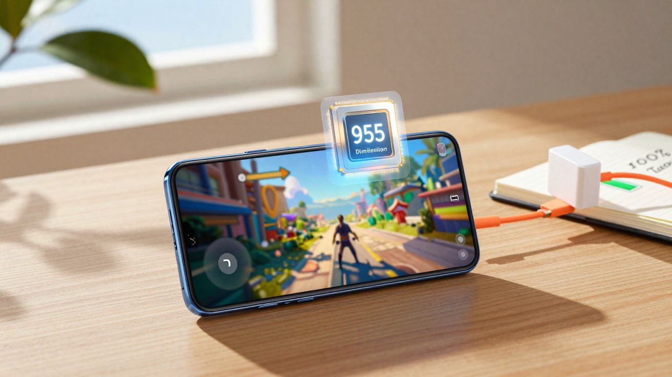 Smartphone ligado, exibindo jogo em 3D e indicador de 955 Dimensões na tela, carregando em mesa de madeira.