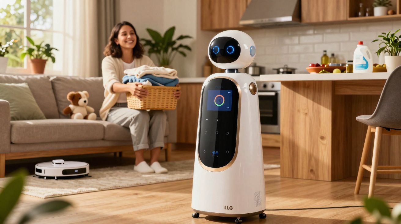 Robô doméstico branco em sala moderna com mulher sorrindo segurando cesta de roupas.