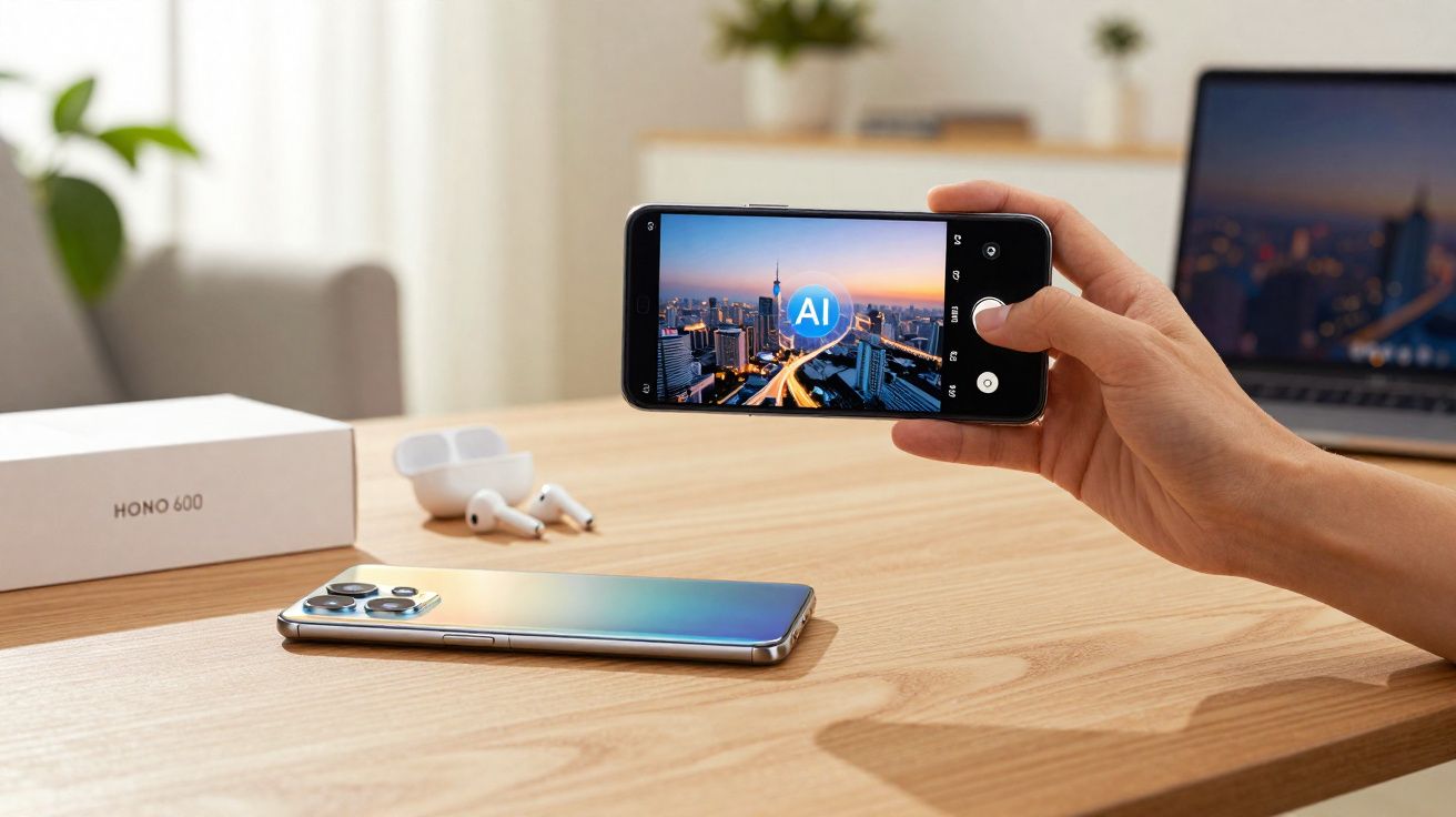 Pessoa segurando smartphone com ícone de IA na tela, fones de ouvido e outro celular sobre mesa de madeira.
