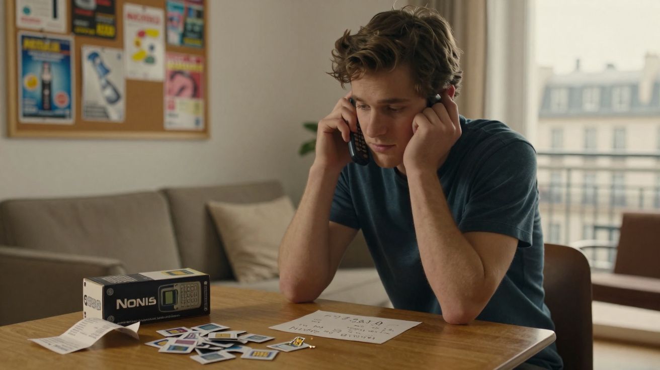 Jovem sentado em mesa com papéis e slides, falando ao telefone, em ambiente de sala com sofá e varanda ao fundo.