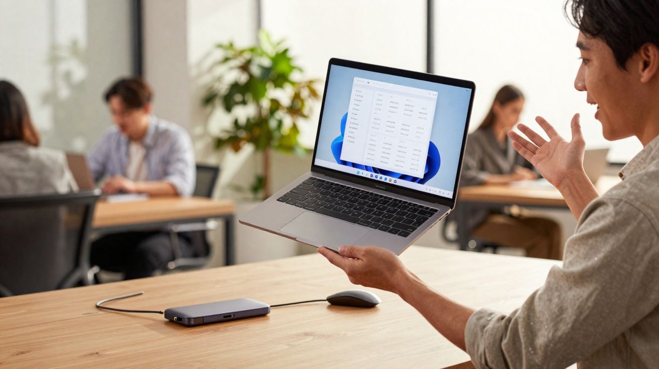 Pessoa segurando laptop com tela do sistema Windows em mesa com dispositivos eletrônicos em escritório.