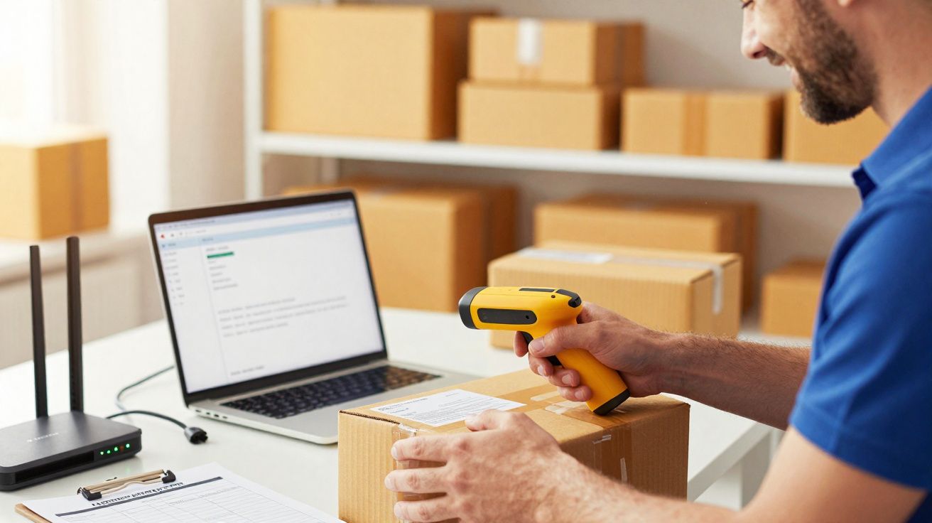 Homem usando leitor de código de barras em caixa de papelão em mesa com laptop e roteador.