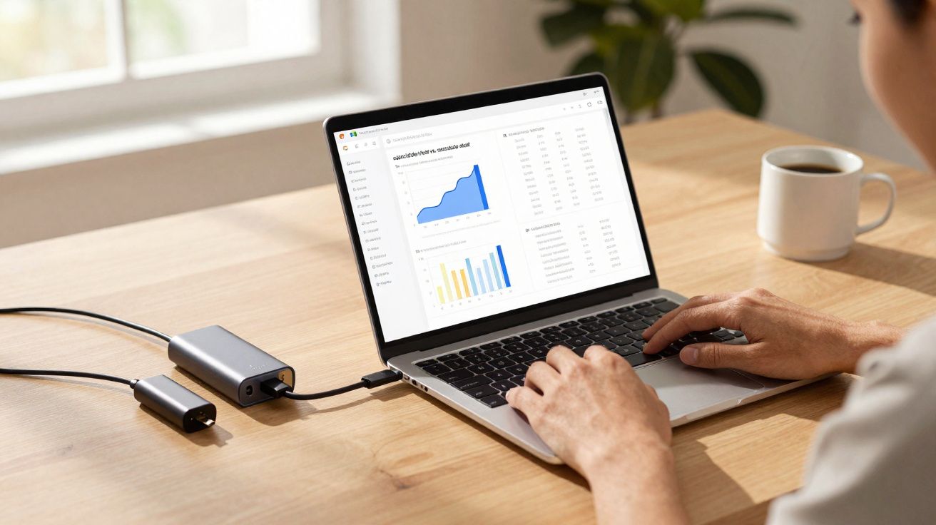 Pessoa digitando em laptop com gráficos de dados financeiros na tela e café ao lado em mesa de madeira.