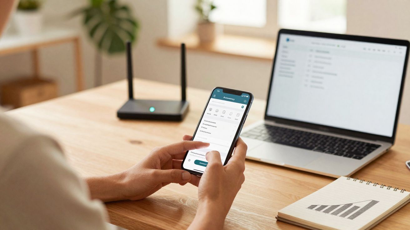 Pessoa usando smartphone com laptop aberto e roteador sobre mesa de madeira clara em ambiente iluminado.