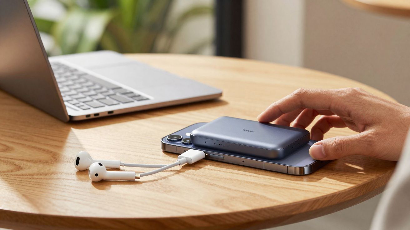 Mão segurando carregador portátil sobre celular com fones conectados em mesa de madeira e notebook ao fundo.