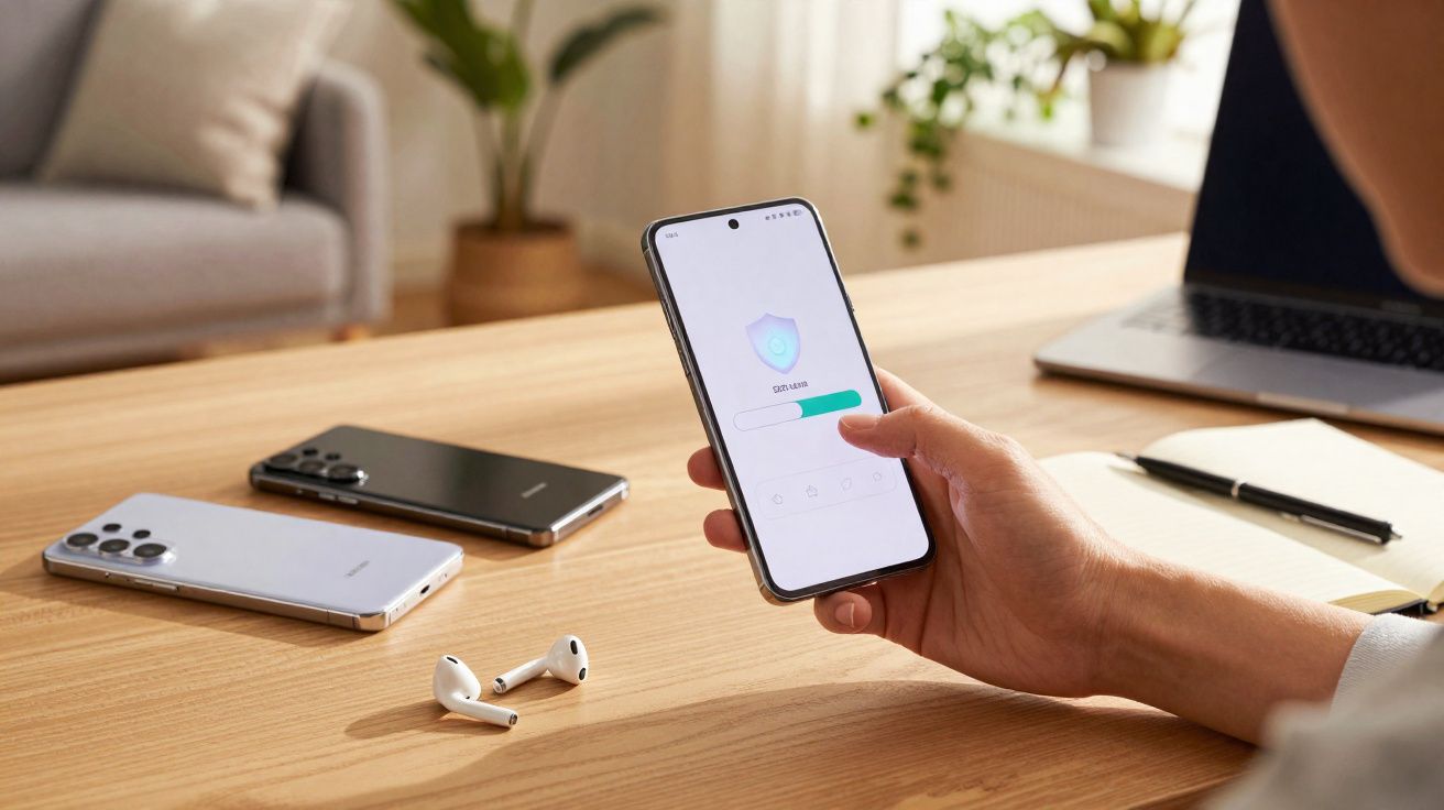 Pessoa segurando smartphone com tela de proteção ativada em mesa com dois celulares, fones e notebook.