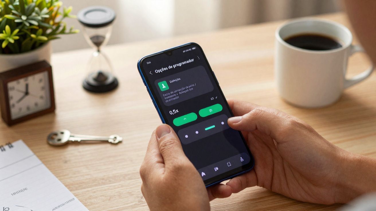 Pessoa segurando celular com tela de opções de programador aberta, ao lado de mesa com café, relógio e ampulheta.