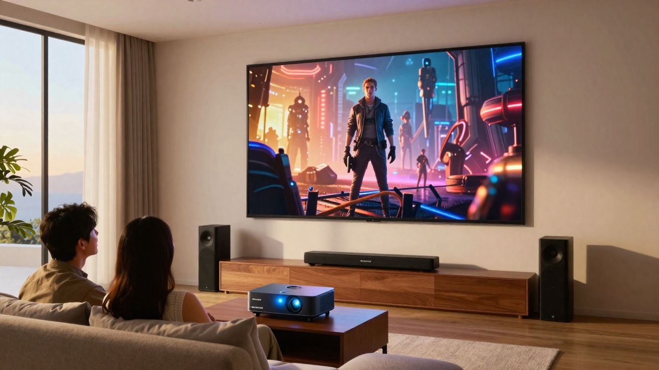 Casal assistindo filme sci-fi em sala de estar com projetor e TV grande na parede.