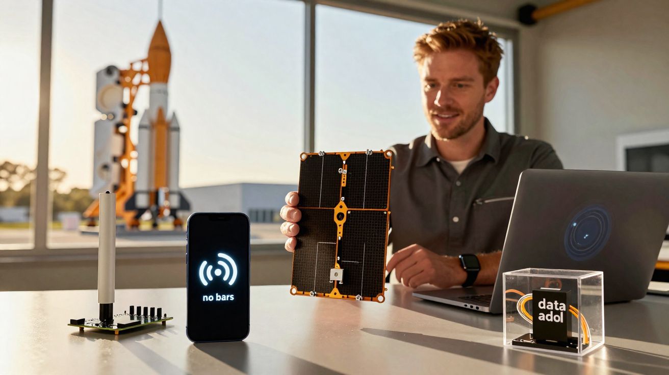 Homem segurando painel solar em miniatura ao lado de celular sem sinal e laptop em mesa com modelo de foguete ao fundo.