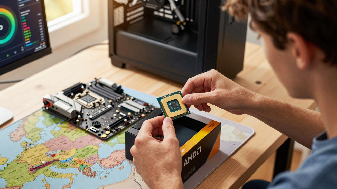 Pessoa montando computador, segurando processador AMD sobre caixa, com placa-mãe, mapa e monitor ao fundo.
