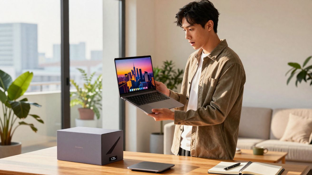 Jovem em casa segurando notebook novo com tela de cidade ao entardecer na frente de caixa fechada.
