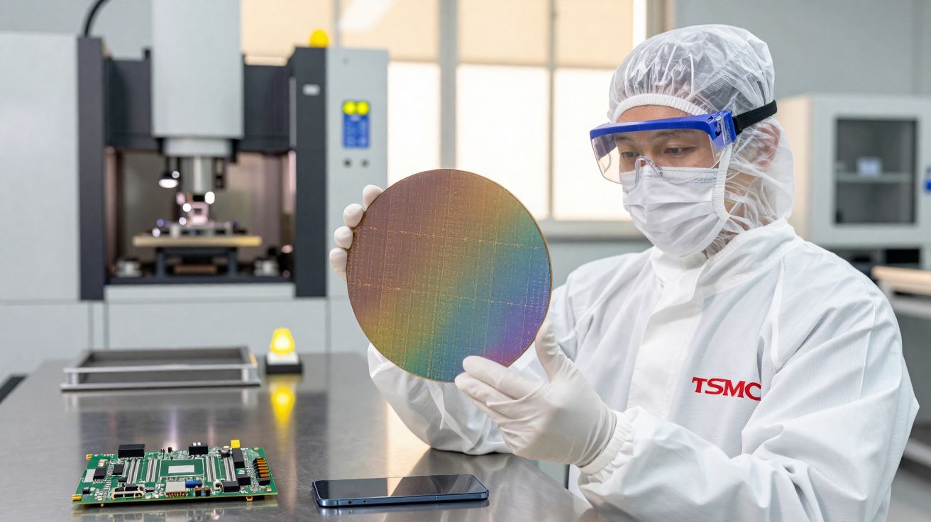 Técnico de laboratório em traje branco segura wafer semicondutor enquanto analisa componentes eletrônicos sobre mesa.