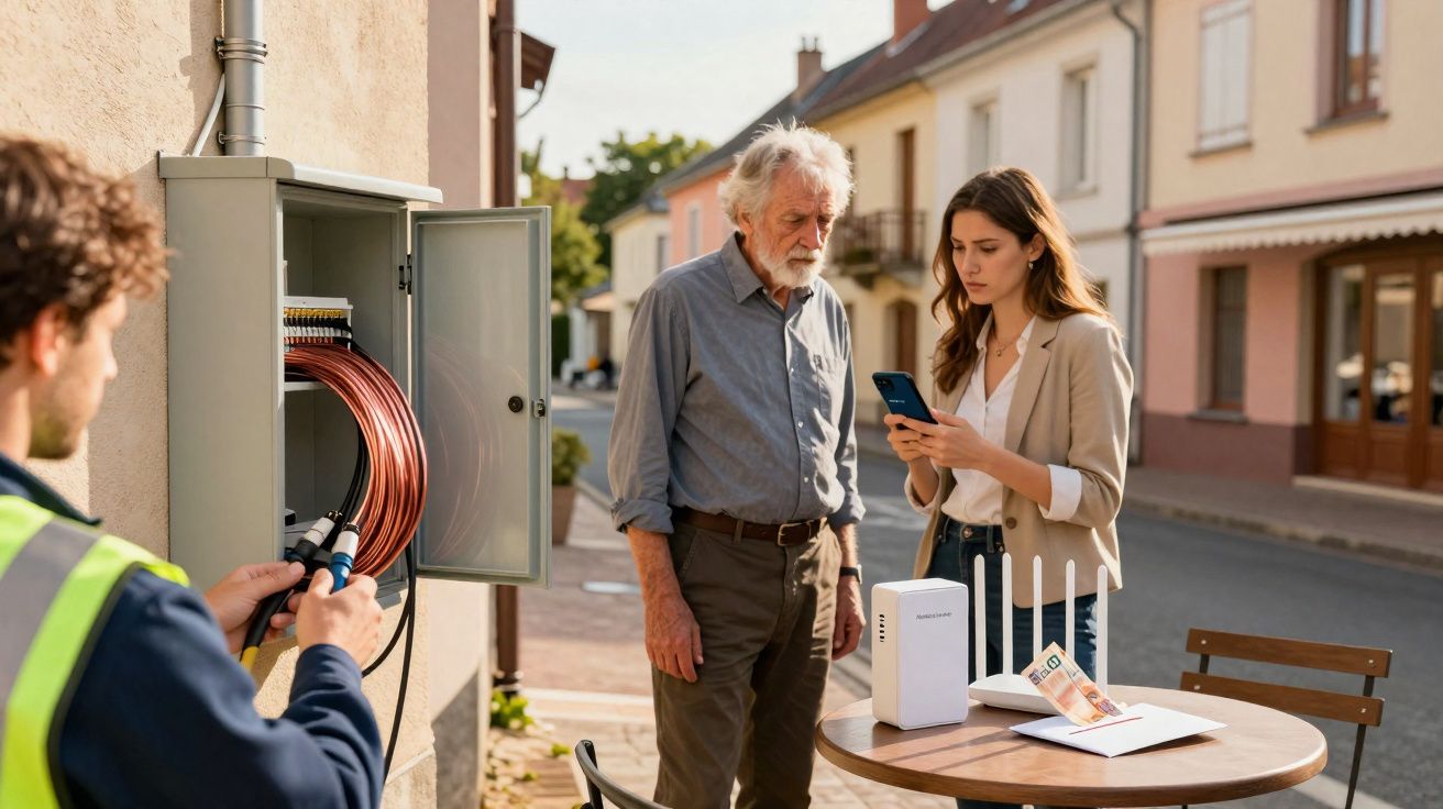 Homem idoso e mulher jovem conferem celular enquanto técnico conecta cabo em caixa de pedidos na rua.