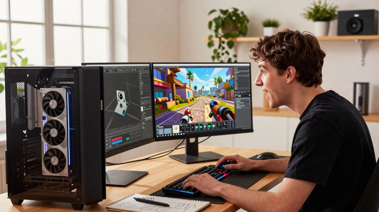 Jovem sentado em mesa usando computador com duas telas, uma com jogo e outra com design 3D.