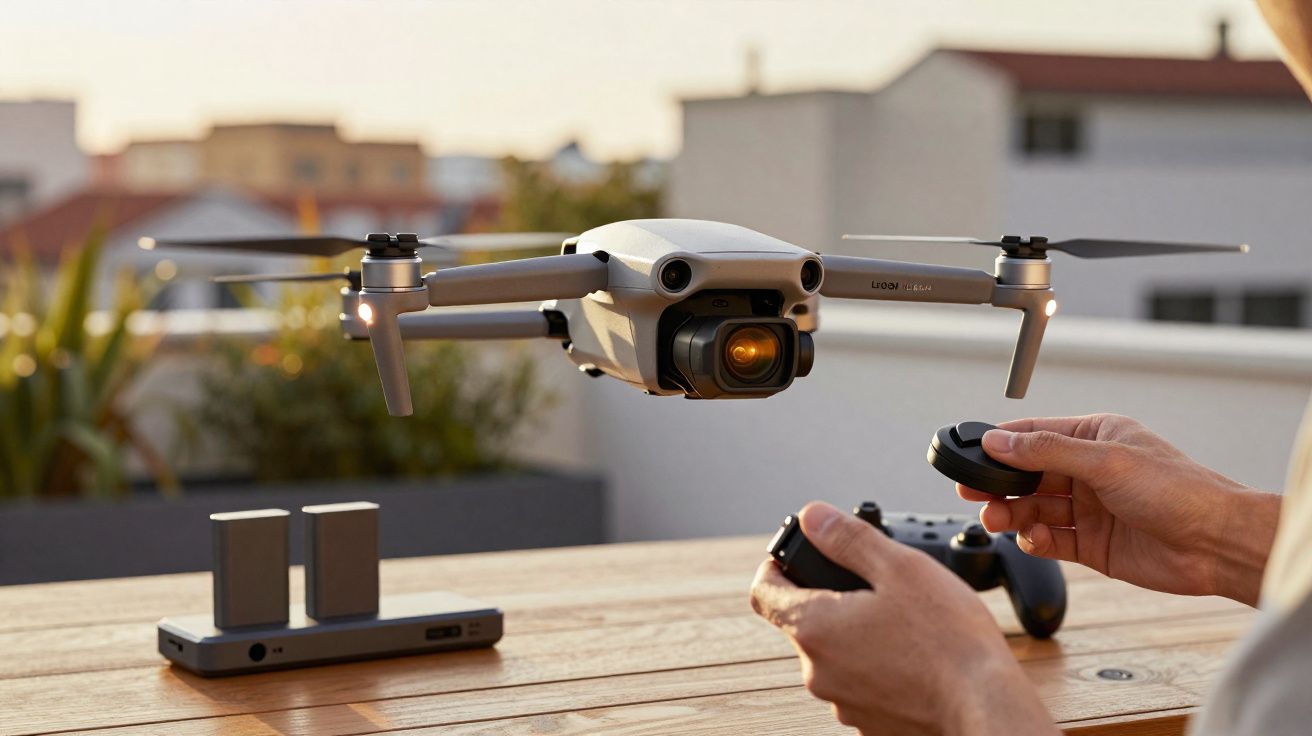 Drone cinza voando próximo a uma mão segurando controle remoto sobre mesa de madeira ao ar livre.