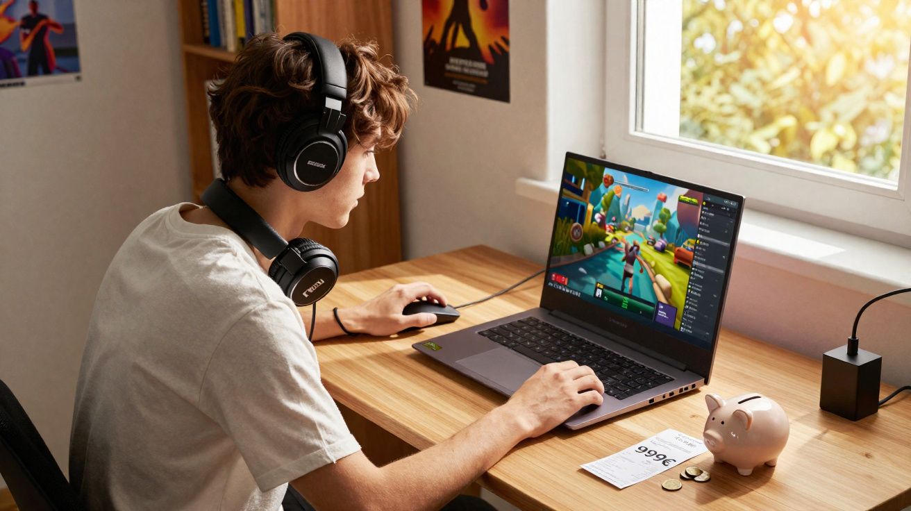 Jovem com fones de ouvido jogando em notebook, com cofrinho e moedas sobre mesa de madeira próxima à janela.