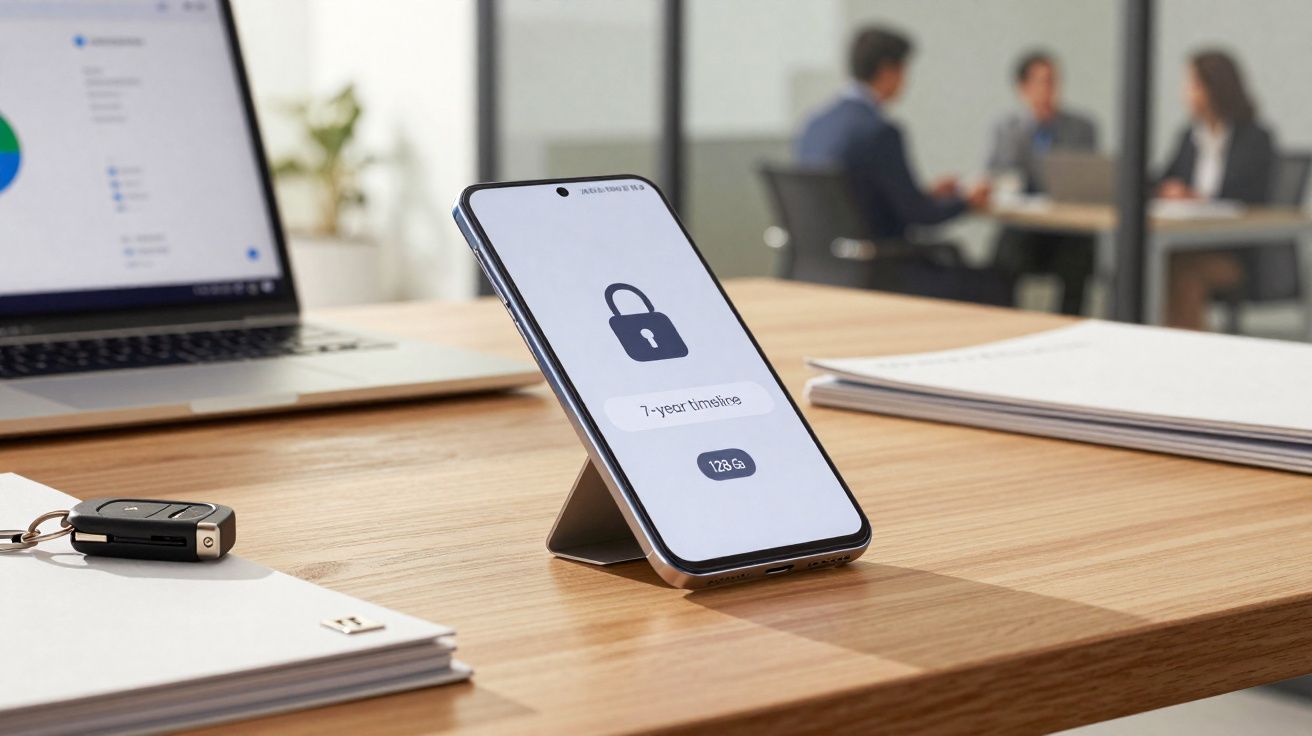 Smartphone com ícone de cadeado na tela sobre mesa de escritório com computador e documentos ao fundo.