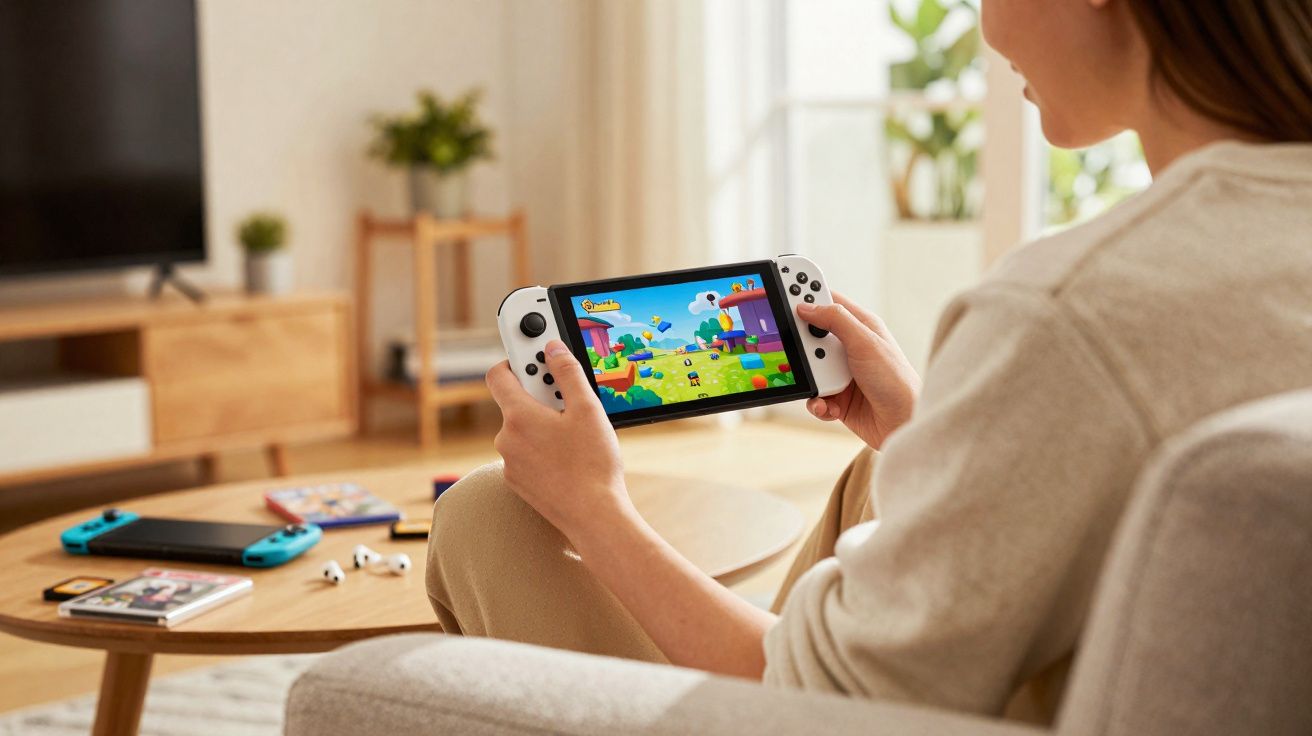 Pessoa sentada jogando videogame portátil em sala de estar com mesa de centro e controles ao fundo.