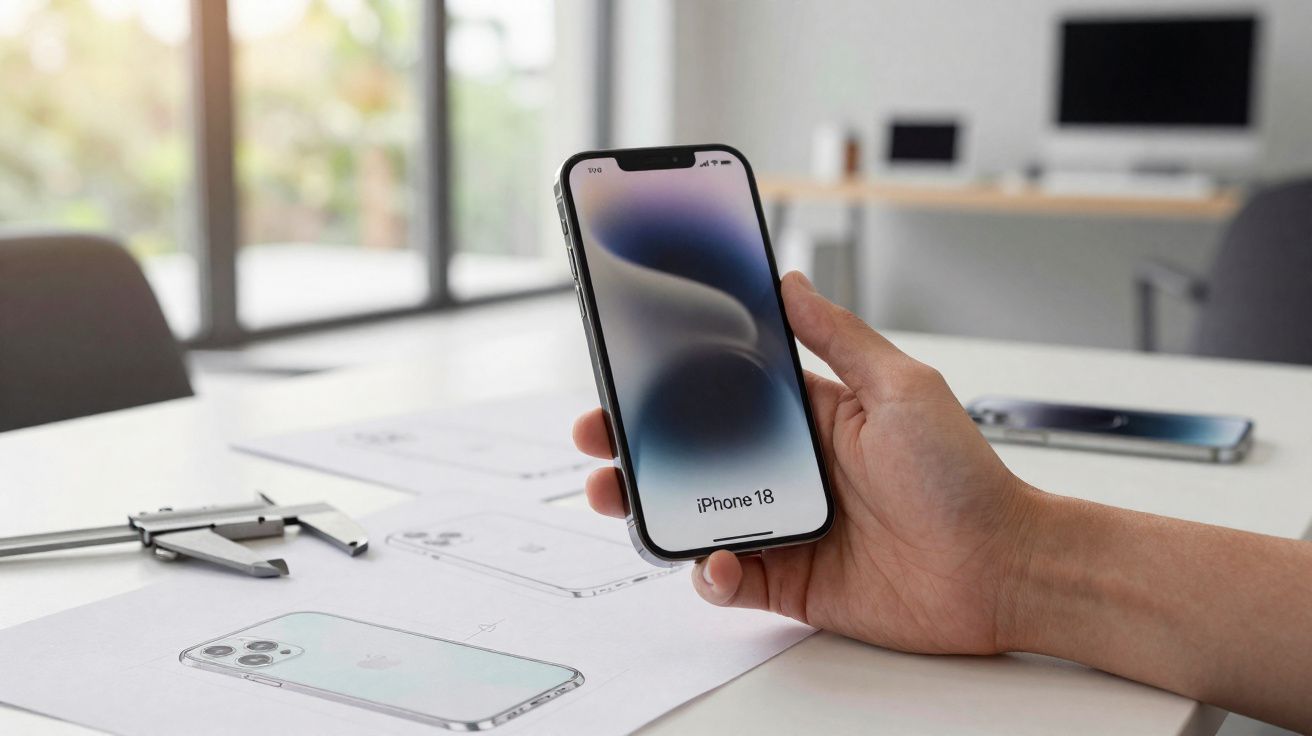 Pessoa segurando iPhone 18 com tela ligada em mesa de escritório com plantas e projetos técnicos.