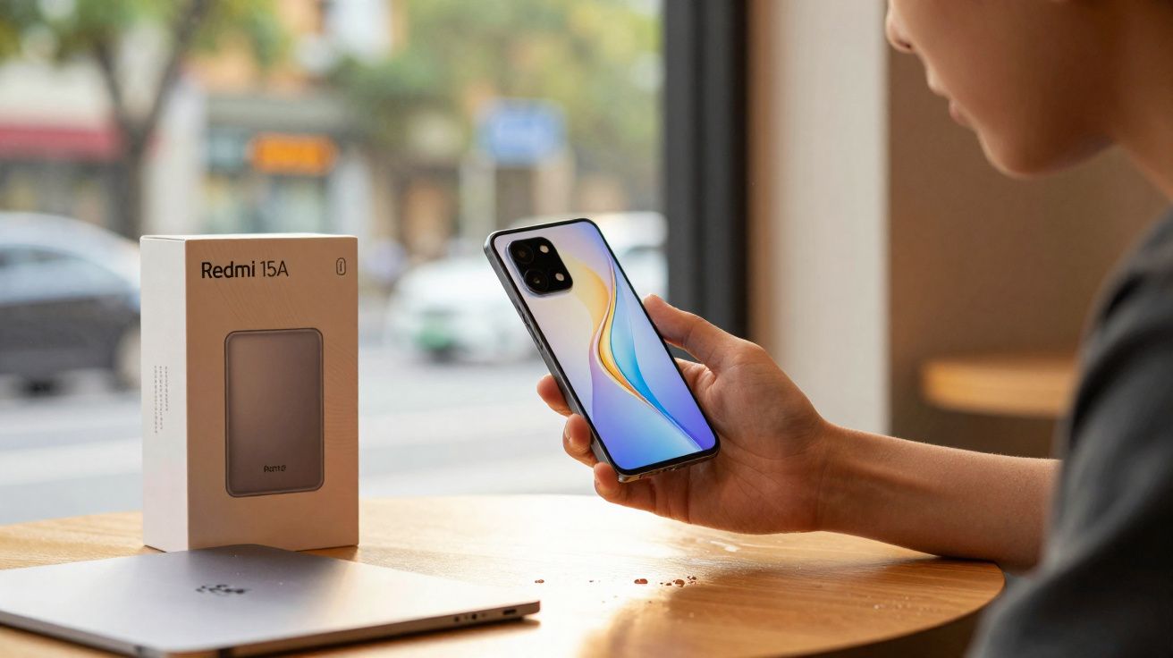 Pessoa segurando smartphone Redmi 15A ao lado da caixa do aparelho sobre mesa com laptop fechado.