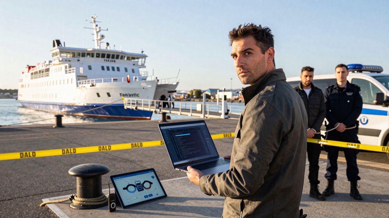 Homem com laptop em cena de investigação no porto, com polícia e navio ao fundo.