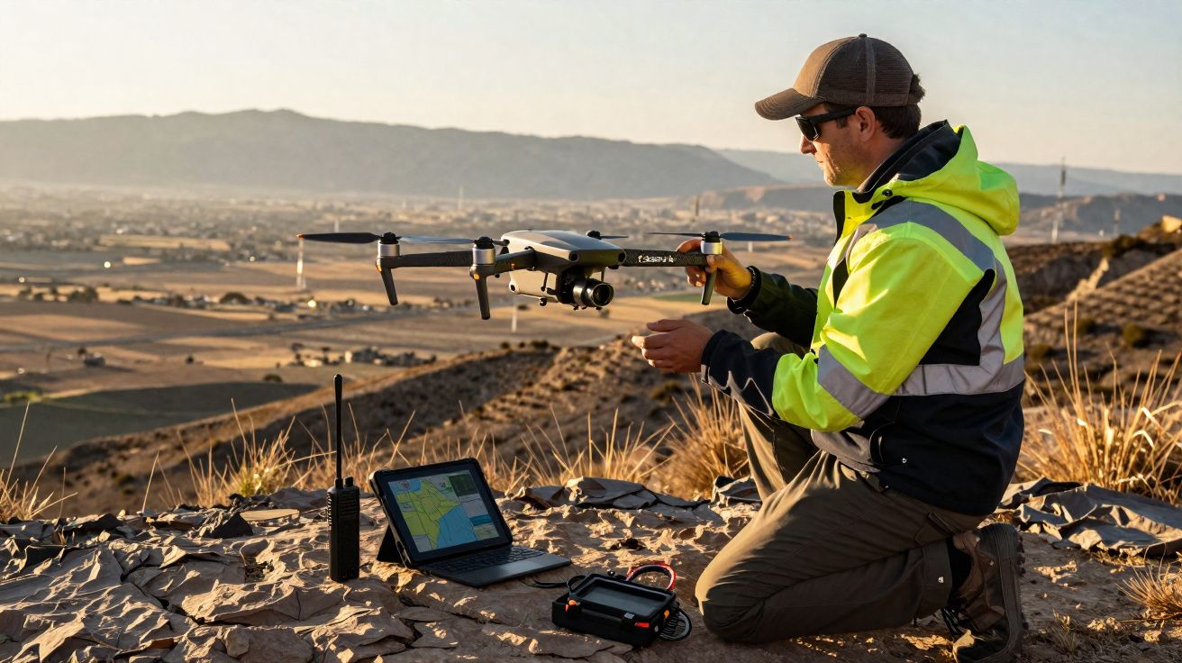 Homem com jaqueta refletiva ajusta drone em área montanhosa com laptop e rádio ao lado.
