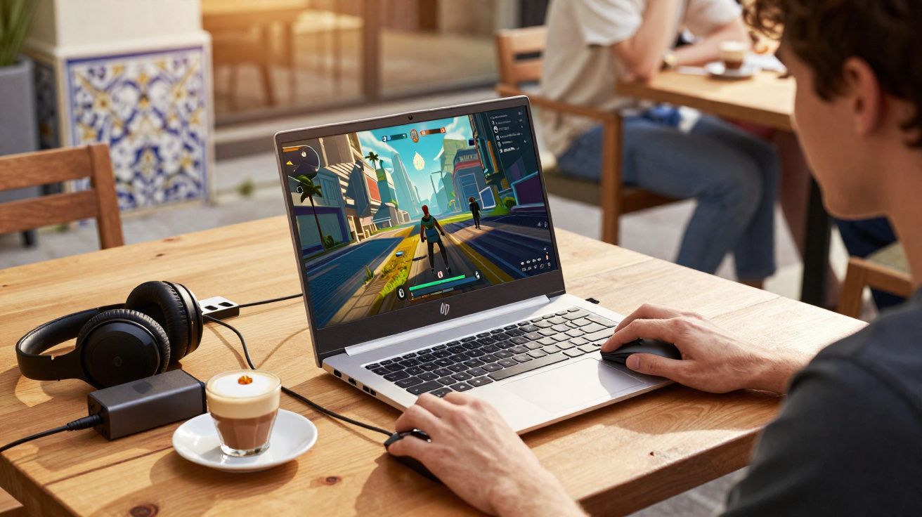 Pessoa jogando videogame em laptop HP sobre mesa de madeira em café com fones de ouvido e café ao lado.