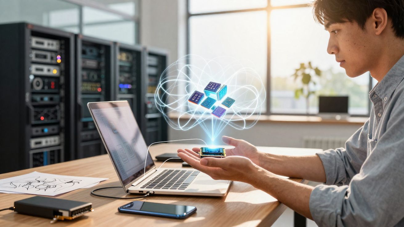 Homem observando chips tecnológicos flutuando sobre as mãos com laptop e servidores ao fundo.
