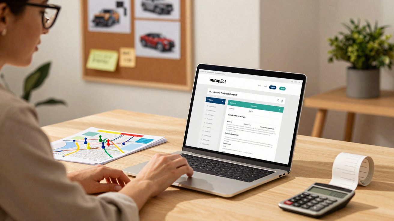 Pessoa usando laptop com site Autopilot aberto, ao lado planilha com mapa, calculadora e recibo na mesa.