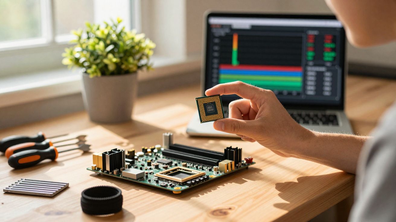 Pessoa segurando chip de computador próximo à placa-mãe sobre mesa com ferramentas e notebook ao fundo.