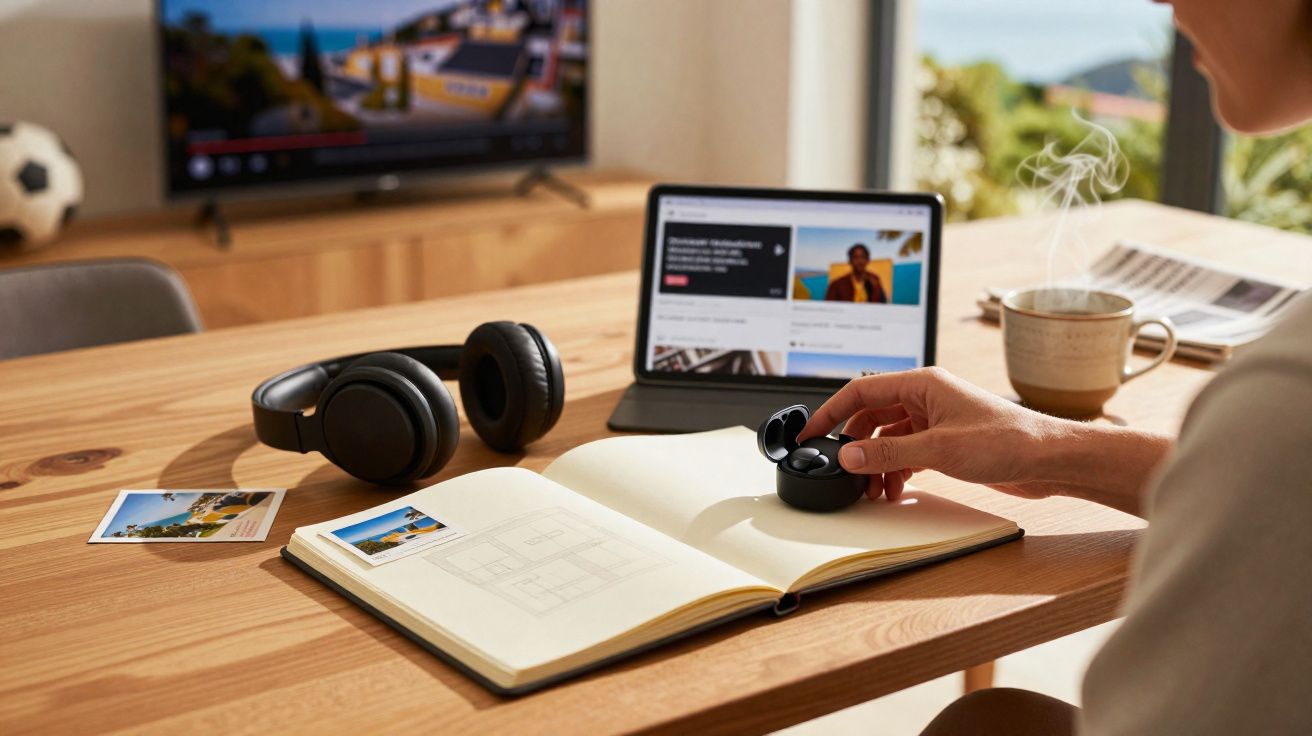 Pessoa segurando fone de ouvido sem fio ao lado de caderno aberto, fones maiores e tablet em mesa de madeira.