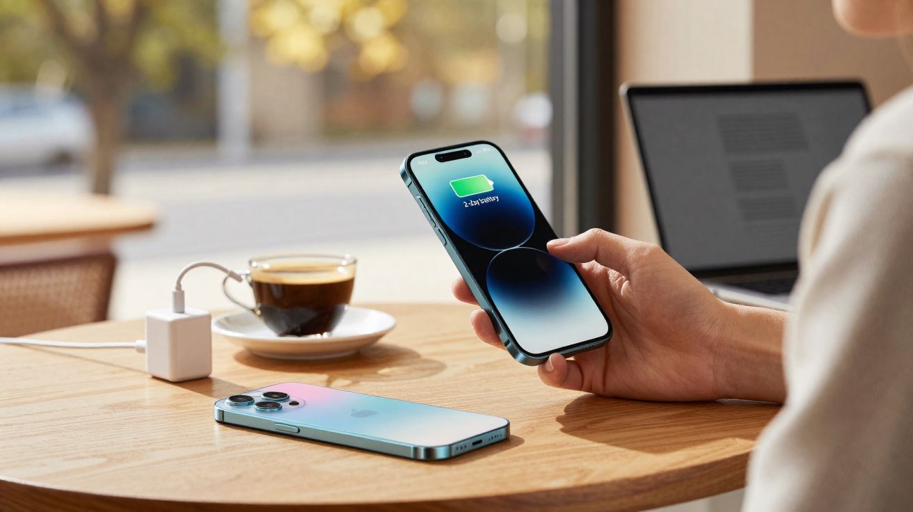 Pessoa segurando smartphone com bateria carregando, café e outro celular sobre mesa de madeira próxima à janela.