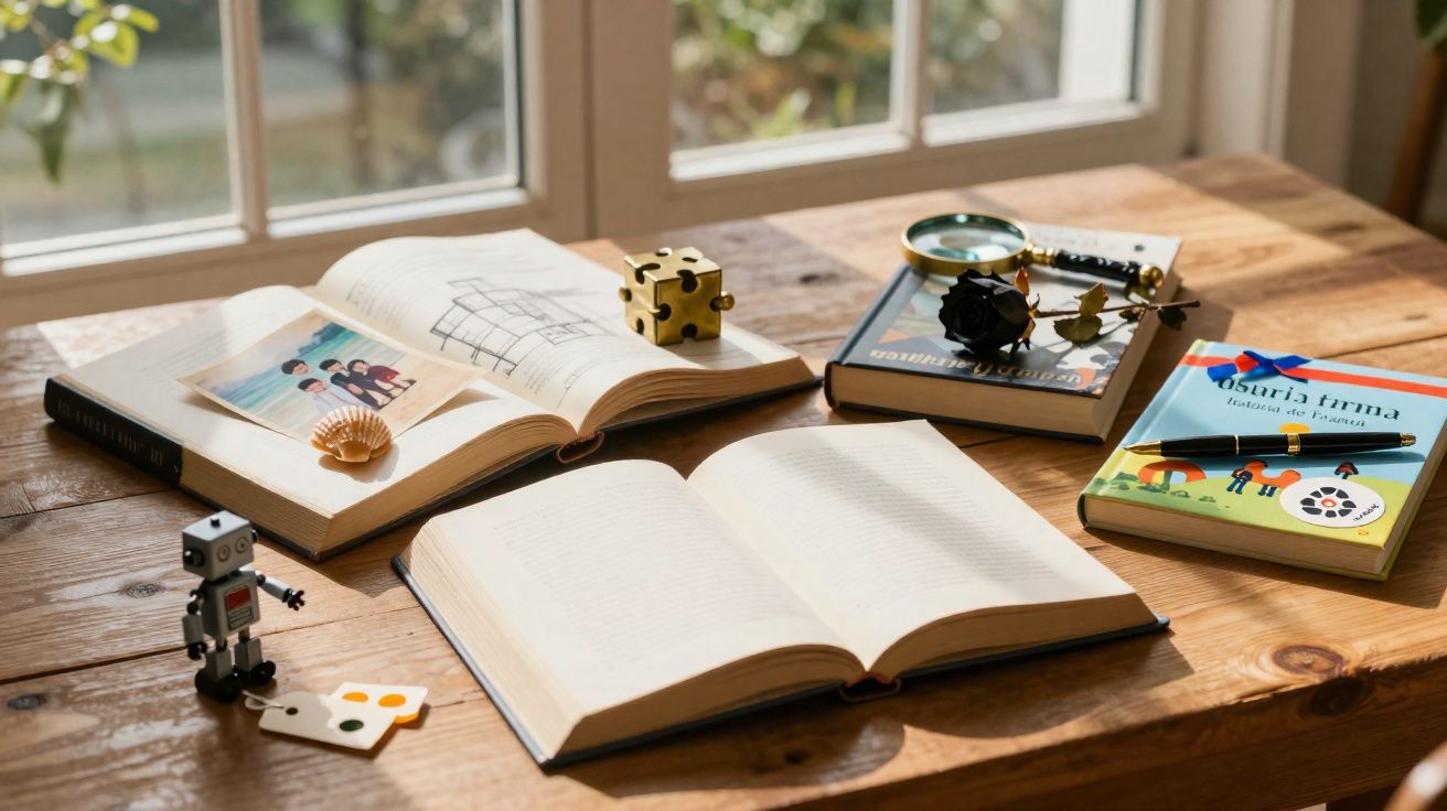 Mesa de madeira com livros abertos, lupa, cubo dourado, robô de brinquedo e outros objetos decorativos.