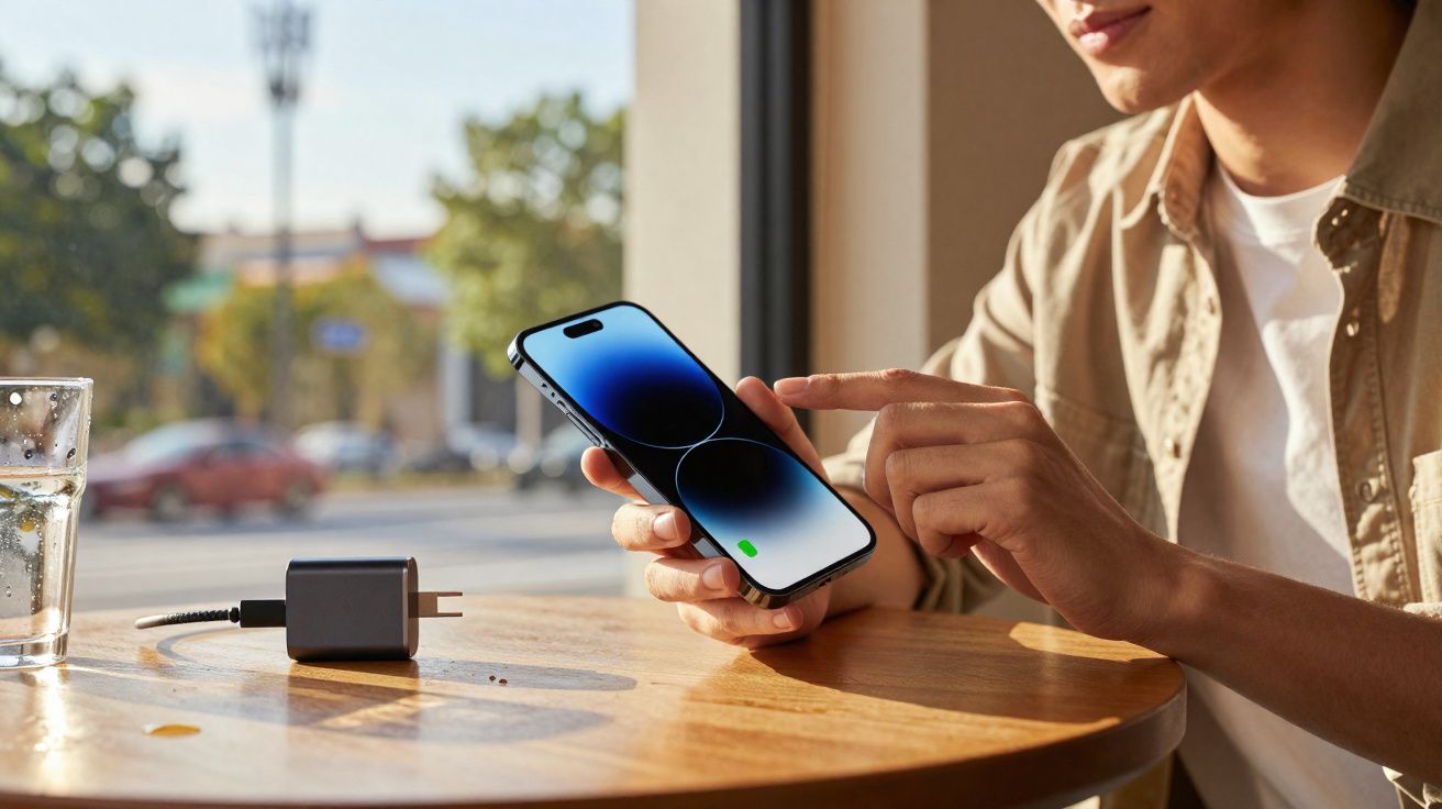 Pessoa usando smartphone moderno em mesa de madeira com carregador e copo d'água ao lado.