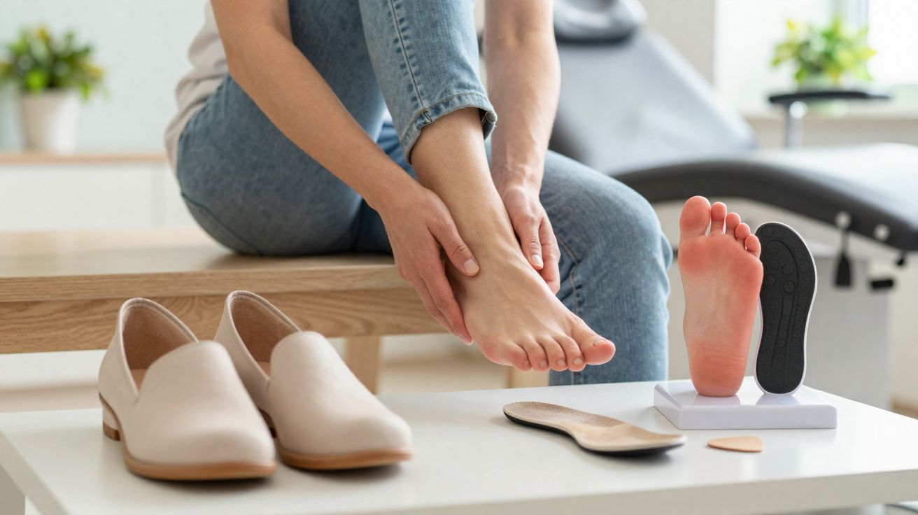 Pessoa sentada segurando o tornozelo com sapatos e palmilhas sobre a mesa à frente.