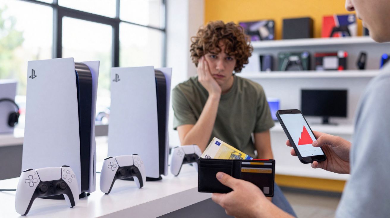 Pessoas em loja de eletrônicos, duas PlayStation 5 e controles, foco em jovem pensativo e carteira com dinheiro.