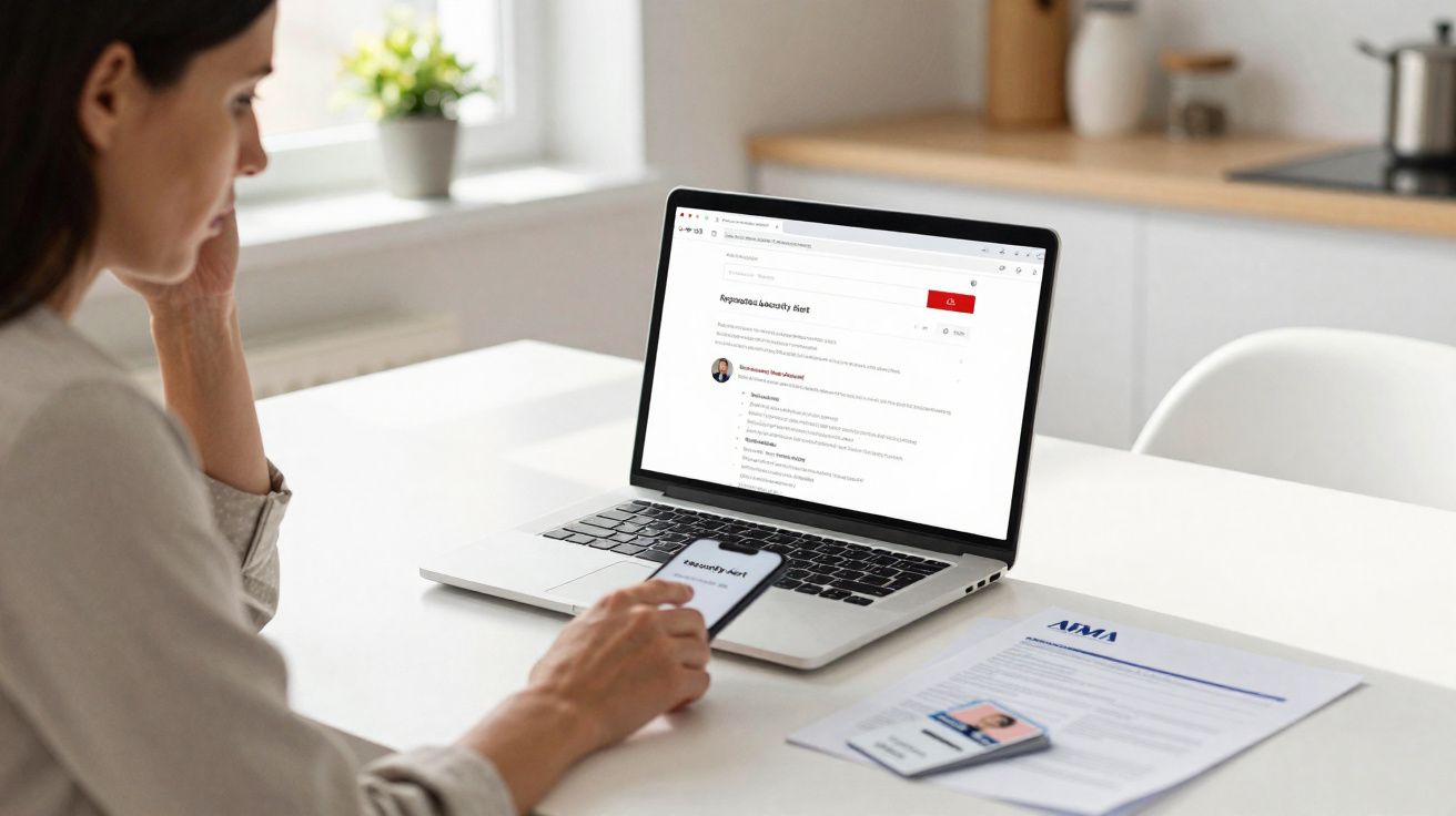 Mulher olhando currículo no laptop e celular, com documentos sobre mesa branca em ambiente claro.