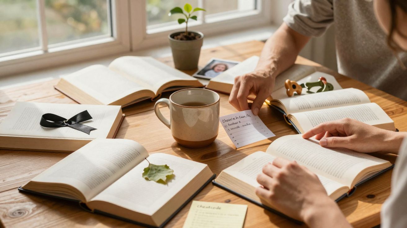 Pessoa lendo livros e fazendo anotações em mesa de madeira com xícara e vaso pequeno.