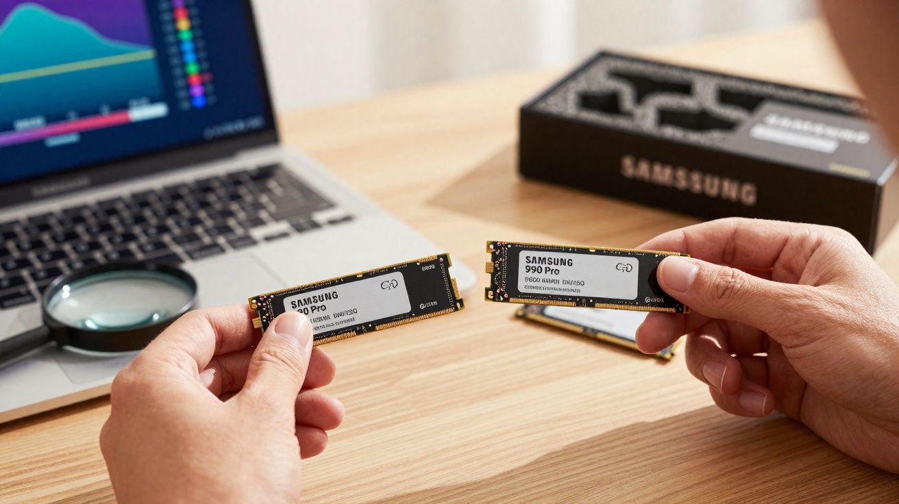 Mãos segurando dois SSDs Samsung 990 Pro sobre mesa com notebook, lupa e caixa ao fundo.