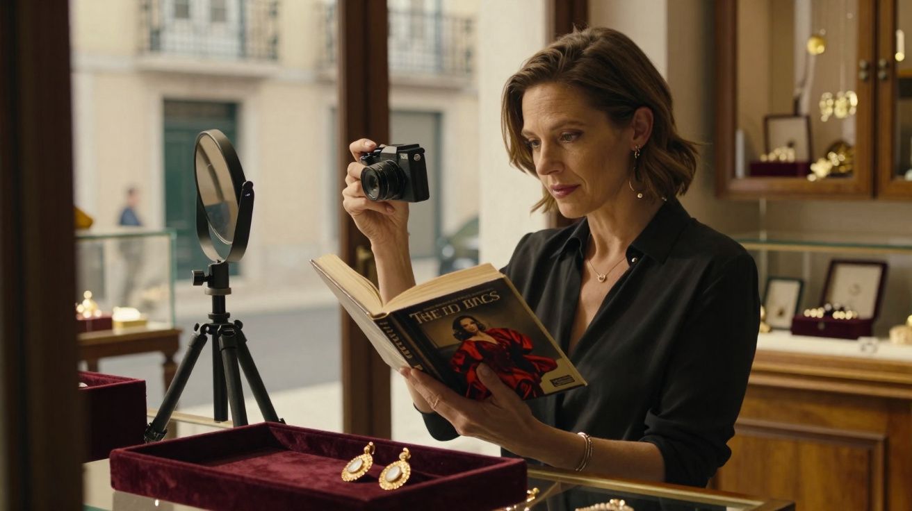 Mulher em loja de joias segura câmera e lê livro sobre modelos com vestido vermelho.