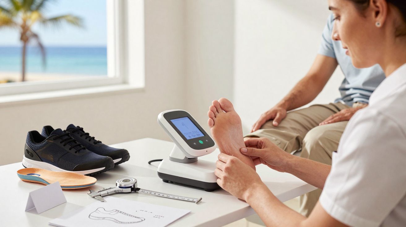 Profissional analisando o pé de um paciente para ajuste de calçado personalizado.