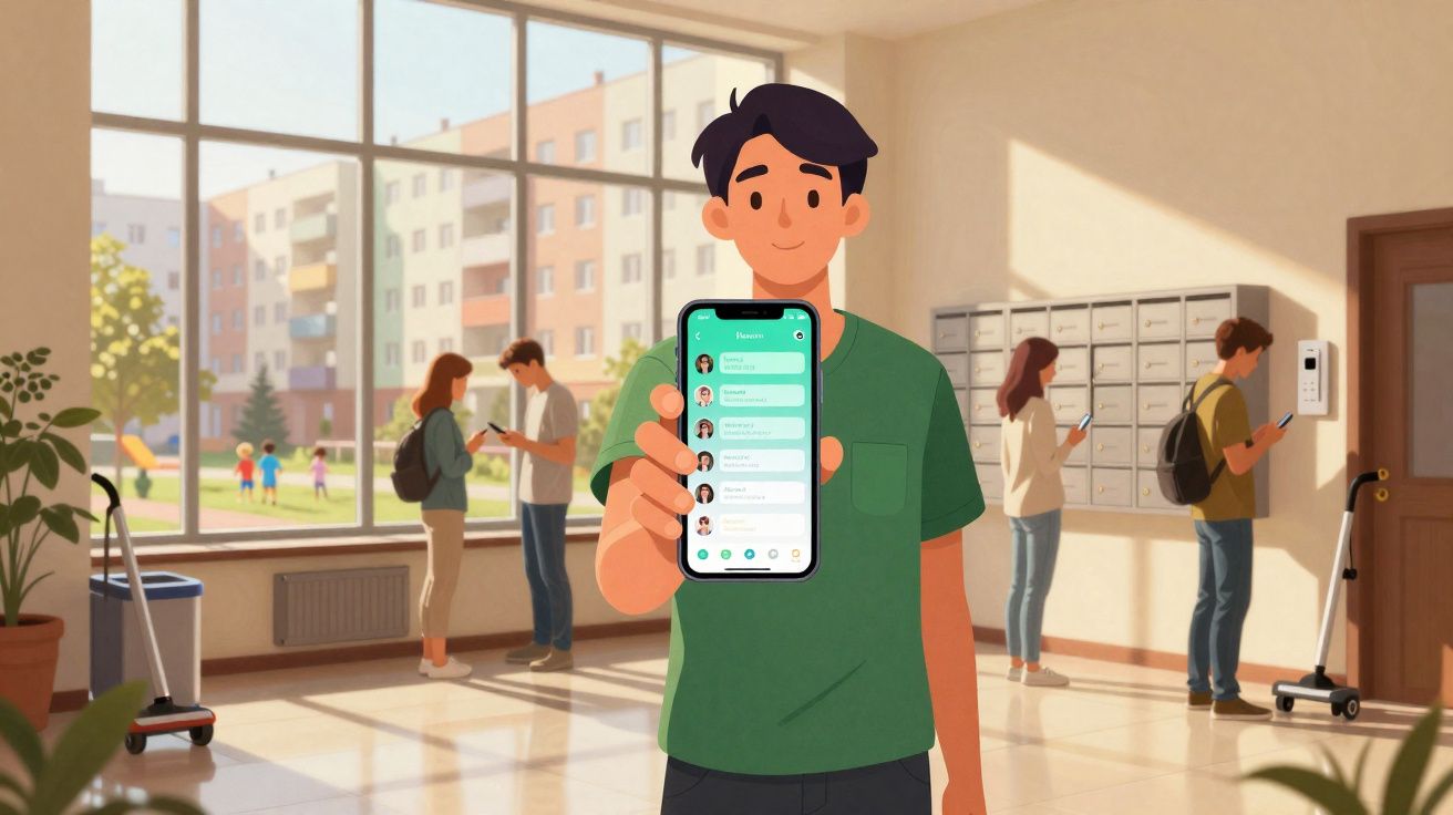 Jovem mostra celular com app de mensagens em área comum de prédio residencial com outras pessoas usando celulares.