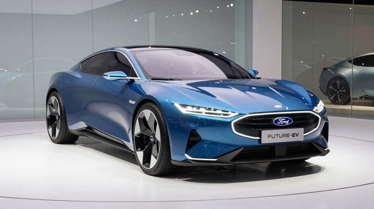 Carro elétrico esportivo azul Ford Future-EV em exposição com design moderno e futurista.