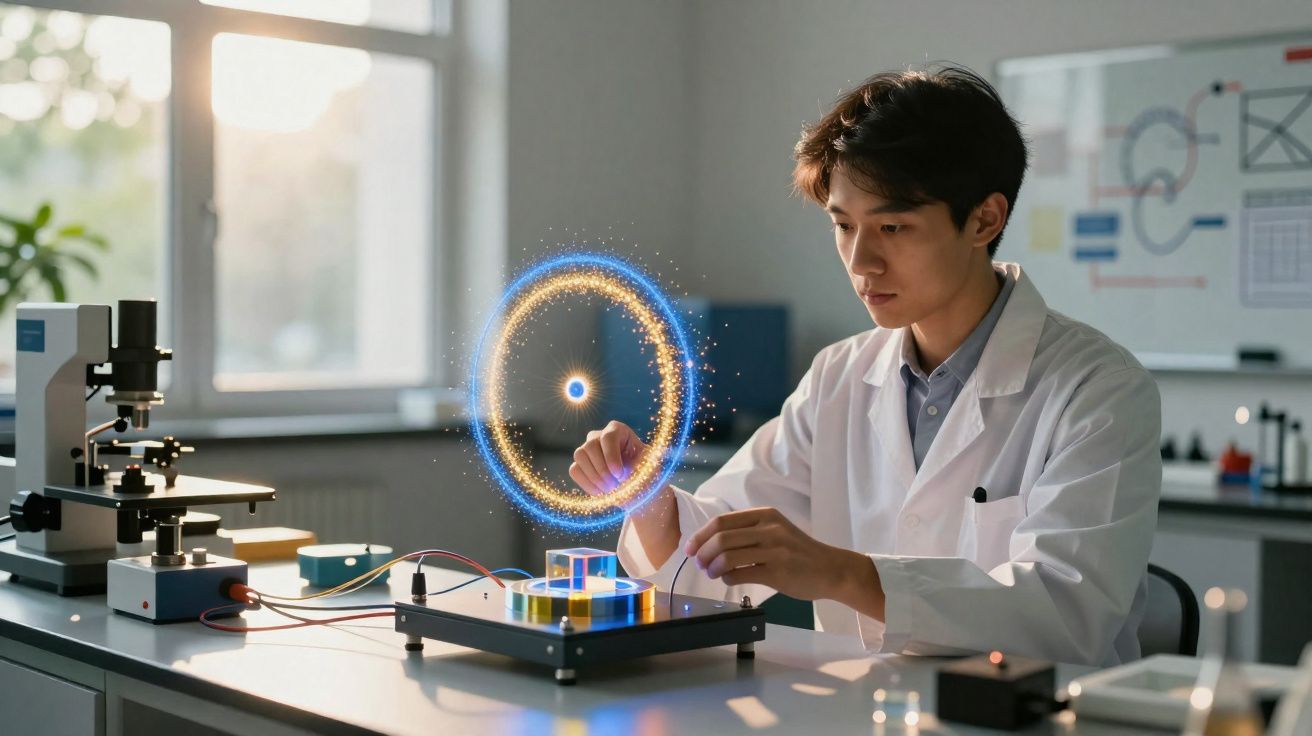 Cientista jovem em laboratório interage com dispositivo holográfico circular brilhante sobre mesa.