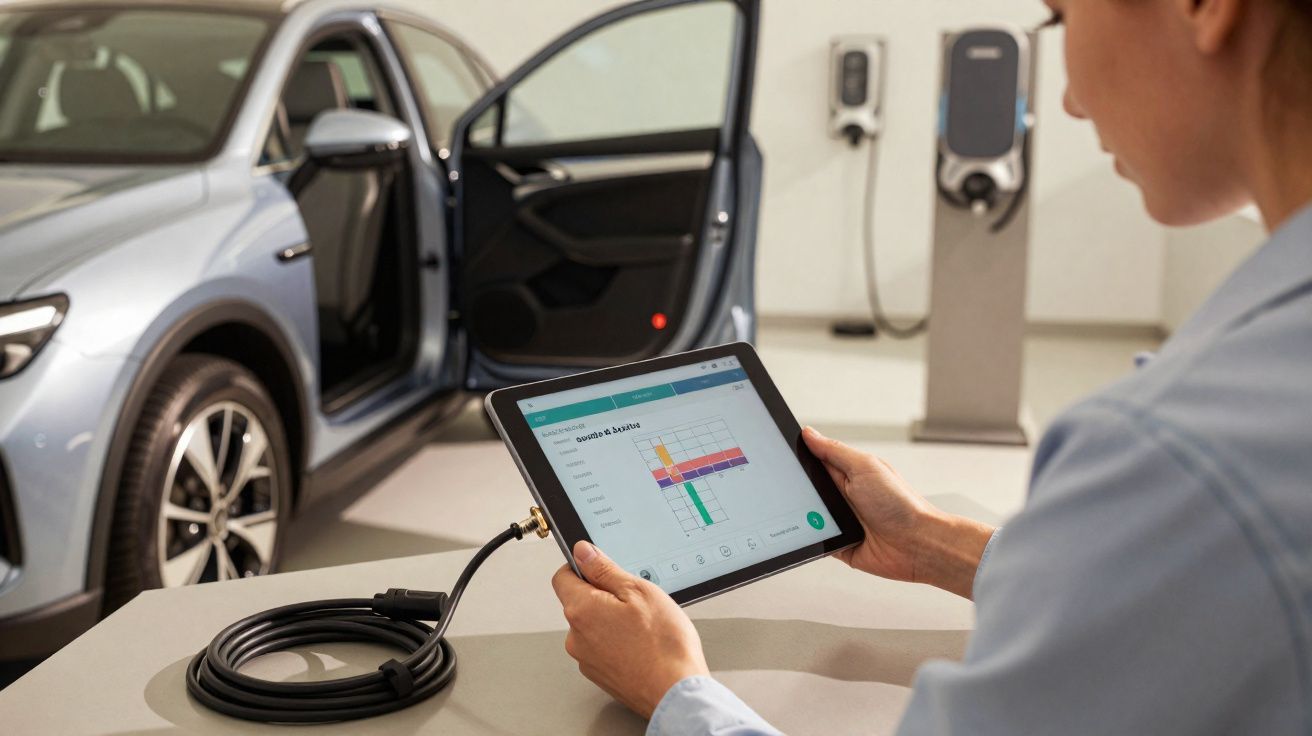 Pessoa analisando dados em tablet conectado a carro elétrico em oficina ou estação de recarga.