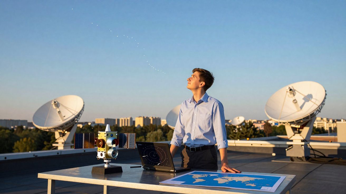 Homem observando o céu em telhado com antenas parabólicas, mapa e laptop em mesa ao pôr do sol.
