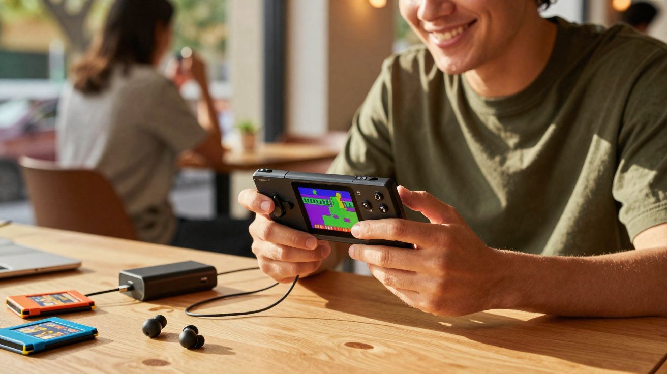 Jovem sorrindo joga videogame portátil em mesa de madeira com cartuchos e fones ao lado.