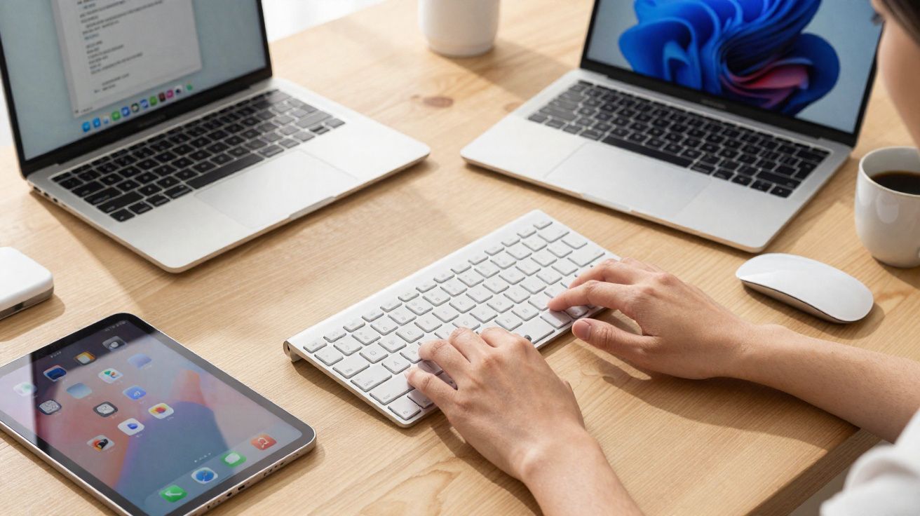 Mesa de trabalho com dois laptops, tablet, teclado, mouse e mãos digitando no teclado branco.
