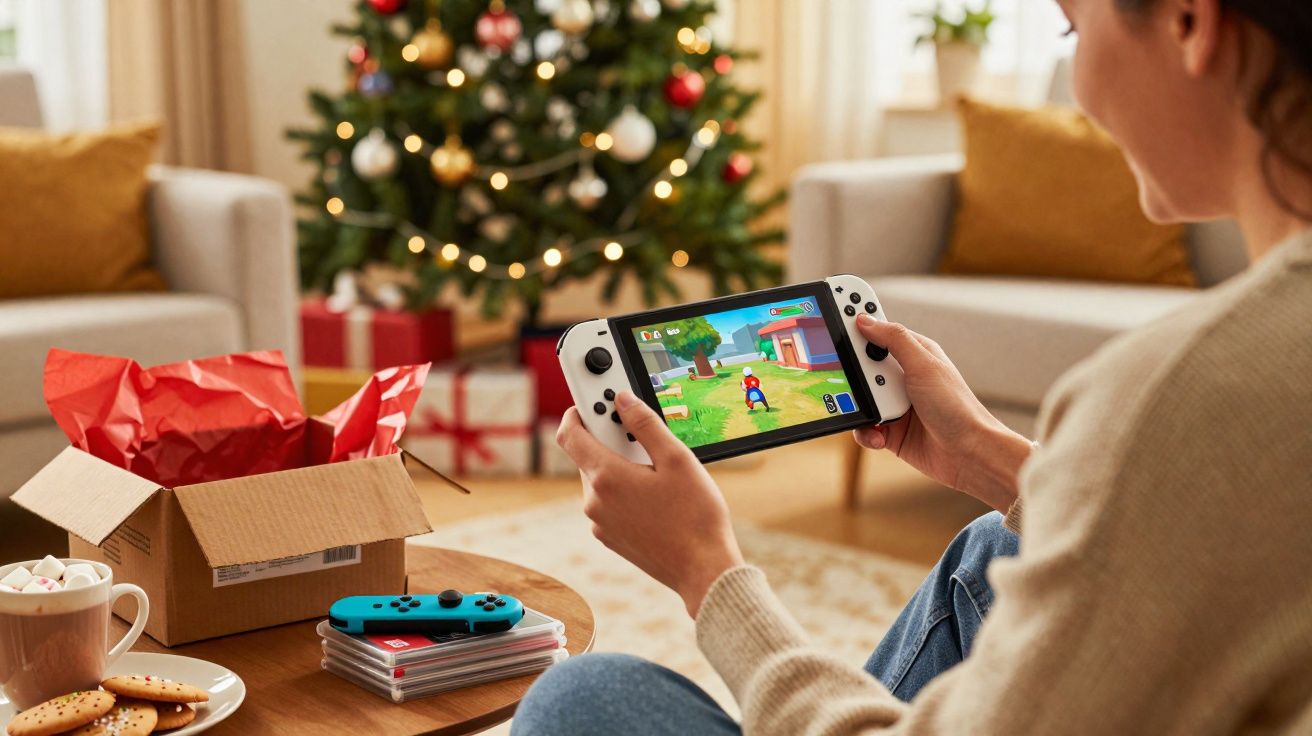 Pessoa jogando videogame portátil em casa decorada com árvore de Natal e presentes ao fundo.