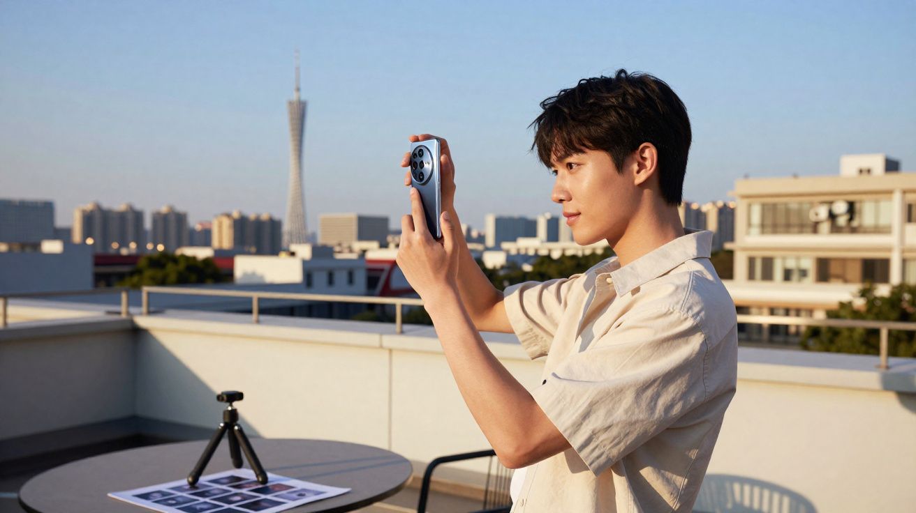 Jovem tirando foto com celular em terraço ao pôr do sol, fundo de prédios e torre alta.